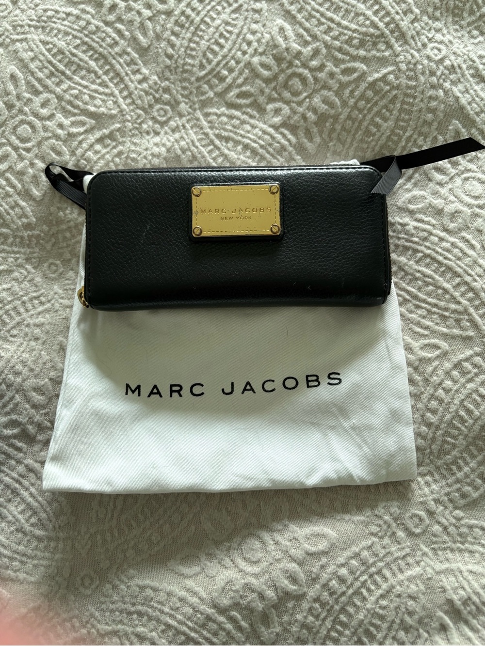 Marc Jacobs Black Leather Wristlet with Gold Logo Plate